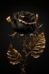 Black and gold rose isolated on black background, Generative AI