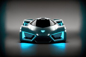Fototapeta na wymiar Futuristic scifi vehicle prototype, aqua blue TRON LED NEON headlights, utopian future. Generative AI. 
