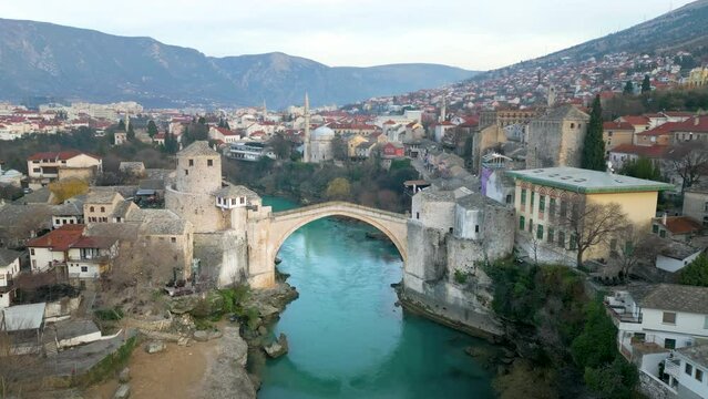 Mostar old town aerial skyline view fly over old bridge mostar bosnia and herzegovina