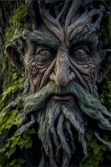 Fototapeta na wymiar Old gnarled anthropomorphic tree. Human eyes, wooden lips, bark skin, moss beard. Generative AI.