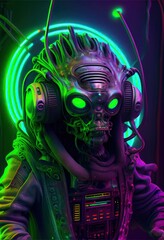 Neon alien, dressed like a raver, next to a glowing green nuclear reactor, Generative AI art