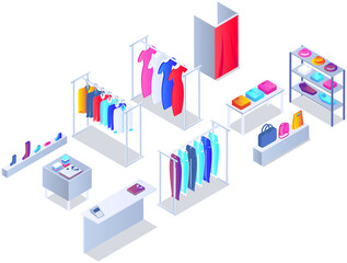Customer choosing clothes in store. Shop assistant consultant helps buyer to choose product during shopping. Purchaser service in mall. People stand near hangers with clothes in store or boutique