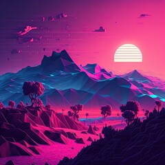 Pink, blue and purple synthwave landscape made from polygons, Generative AI.