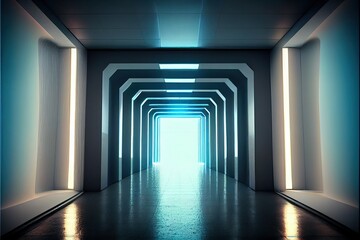 Light sterile tunnel hallway corridor underground. Generative AI.