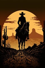 Fototapeta na wymiar Silhouette of a lone outlaw riding into town, western, desert background. Cartoon style. Generative AI.