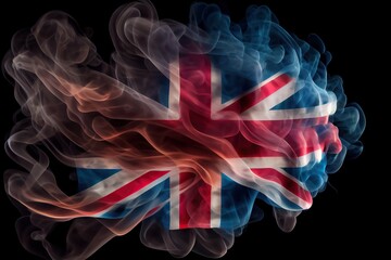 National flag of the United Kingdom / Great Britain in the form of blue, white and red color smoke. Generative AI art isolated on black background.