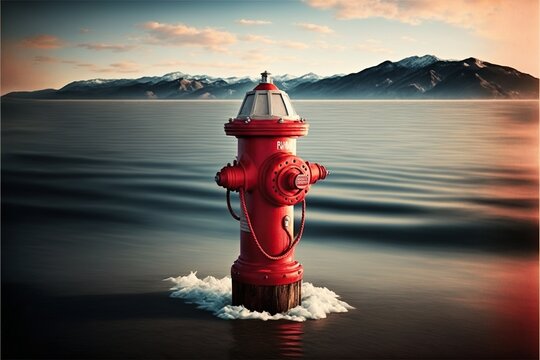 Red Fire Hydrant Rising Out Of The Ocean With Distant Mountains On The Horizon. Generative AI.