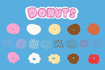 Donuts set in cartoon style. Vector illustration isolated on blue background.