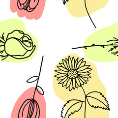 Flowers with colorful brush seamless pattern in flat doodle cartoon style. Vector seamless wallpaper with white background.