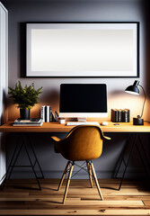 Mockup landscape horizontal frame study home workspace room desktop and computer interior elegant furnishing, red and white colors. Generative AI 3D render