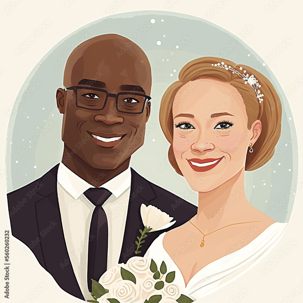 Wall mural black man and white woman getting married, mixed race wedding couple, wearing traditional wedding dr