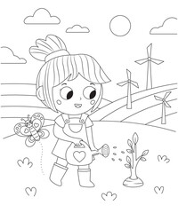 Coloring page with cute girl and tree. Kawaii cartoon characters. Girl watering tree. Earth day. Save the planet. Coloring book. Farm landscape background. Outline vector illustration.