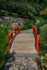 Small bridge across the stream at the Japanese garden