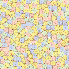 Sticky notes Vector Seamless pattern. Sticky notes with wishes. Hand drawn doodle paper sheets with messages. Memo blanks. Colored stickers.