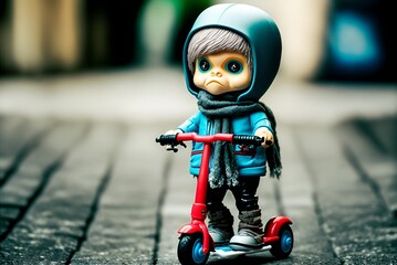 close-up plastic toy manga anime style doll with helmet riding a scooter on a cobbled street angry unhappy sad boy, gray hair, big eyes, wheels, no people, city, urban, escape, made with Generative AI