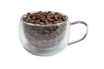Glass cup with coffee beans, isolate. Cup with coffee beans. Transparent coffee cup