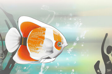 Ilustracja minimalistyczna, złota ryba w wodzie. - obrazy, fototapety, plakaty