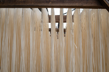hand made Chinese noodles hanging on sticks