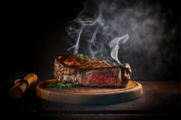 grilled juicy steak with smoke background, Generative AI - obrazy, fototapety, plakaty