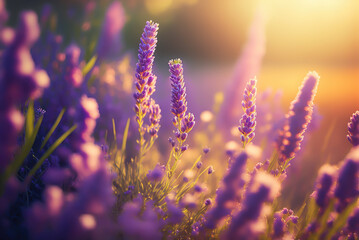 Adorable summer landscape with lavender flower field, Generative AI