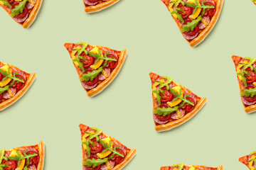 Slice of pizza with arugula on white background