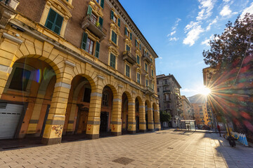 Obraz premium Colorful Residential Apartment Homes in Downtown Streets of La Spezia, Italy. Sunny Morning