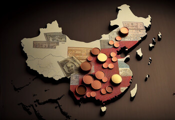 Country map of China with piles of money. China's Economic Concept. Economic growth or crisis..