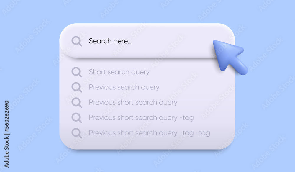 Poster search bar with suggestions for web interface design. search address and cbar icon. 3d mouse cursor 