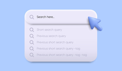 Search bar with suggestions for web interface design. Search address and cbar icon. 3d mouse cursor with drop-down menu. Search engine web browser tab template. Ui vector