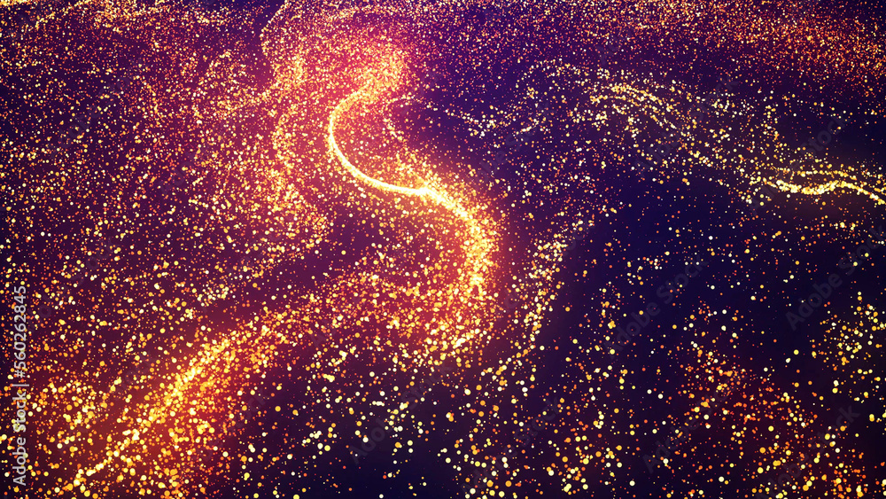Poster abstract bg, golden magic glitters fly in air form beautiful swirls. fiery sparkles float in viscous