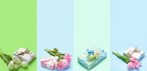 Collage of beautiful gifts with fresh flowers on color background