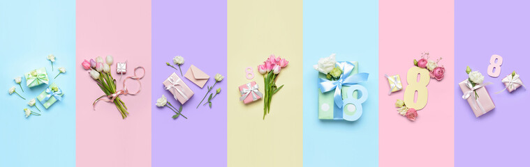 Collage of beautiful gifts, flowers and letter for International Women's Day on color background