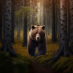 Bear in the middle of the forest. Generative AI.	
