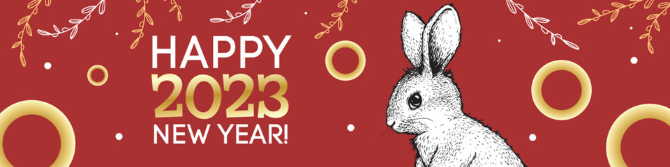 Chinese New Year 2023 design template. Year of the rabbit. Hand drawn sketch style bunny, hare on a red background. Vector banner.