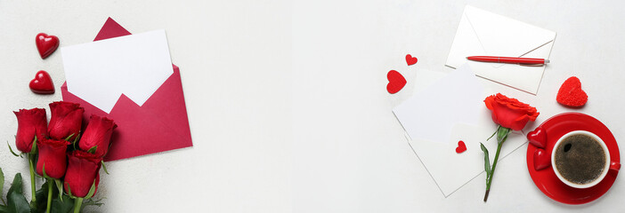 Blank letter with roses and candies on white background. Valentine's Day celebration