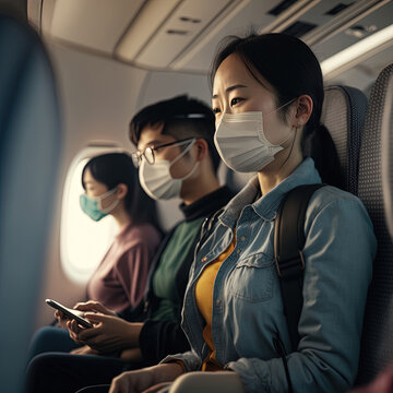 Asian Girl Wearing A Mask On A Plane Looking Nervous, Generative Ai