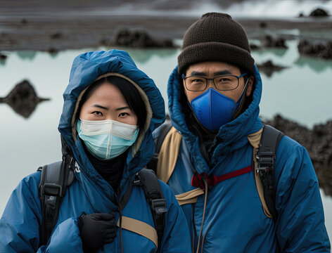 Chinese couple dressed in blue jacked wearing masks to prevent infection with thermal black landscape in background, generative ai