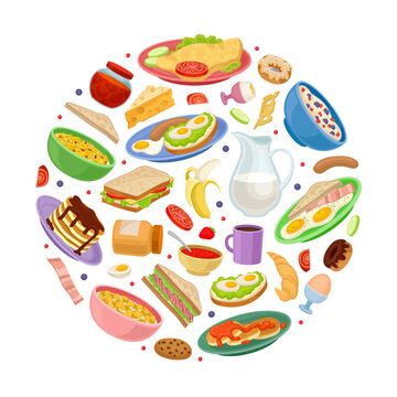 Tasty Breakfast Food Round Composition with Sandwich, Porridge and Omelette Vector Template