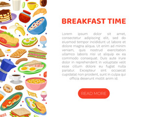 Tasty Breakfast Food Banner Design with Sandwich, Porridge and Omelette Vector Template