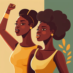 Black women, two black women with fist in the air, protest rally, seeking justice, strong black ladies