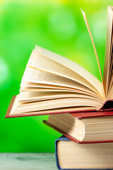 Vintage old hardback books. Education background. Back to school. Copy Space.