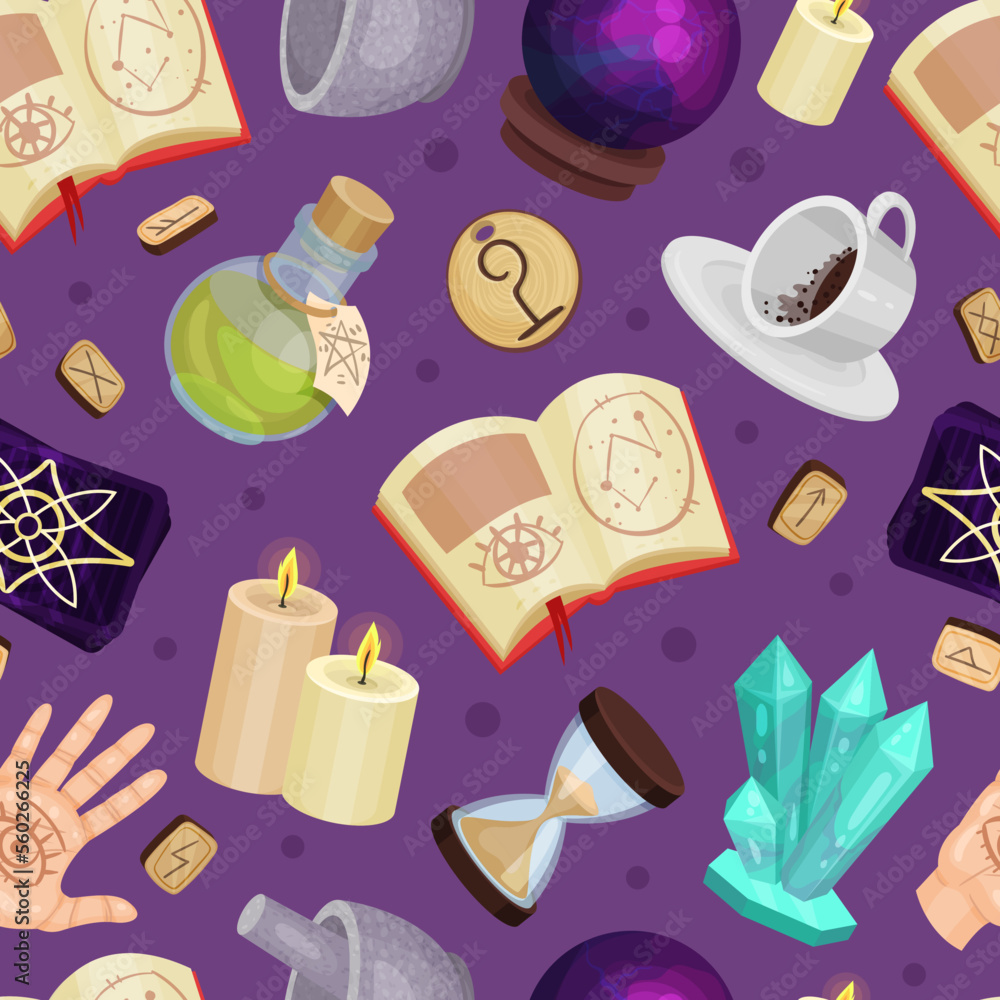 Poster divination and fortune telling seamless pattern with magic symbols vector template