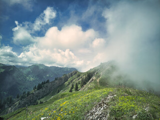 Nagelfluhkette in den allgäuer Alpen im Sommer mit Wolken und Nebel
