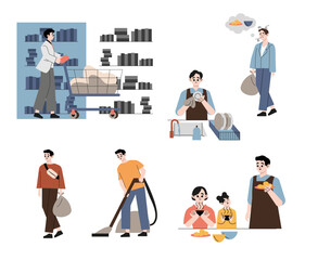 Housework set vector isolated. Collection of men doing house work. Vacuum cleaning, cooking, wiping dust. Male characters cleaning