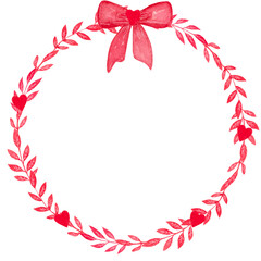 Watercolor wreath with red leaves, bow and hearts on a white background. For invitations, greeting, Valentines Day etc.