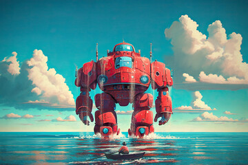 man on a boat looking at a red robot emerge from the sea, digital art style, generative AI