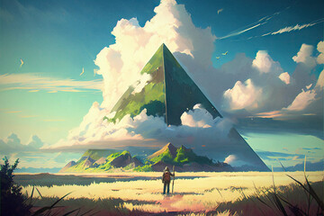 large pyramid covered with green grass towered in front of the traveler., digital art style, generative AI