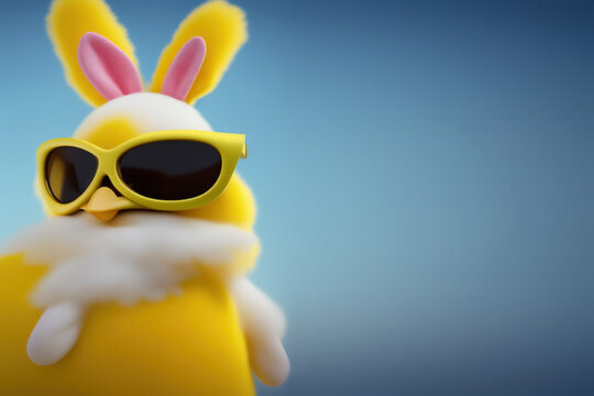 Easter decoration, yellow chick wearing silly sunglasses. Created with Generative AI technology