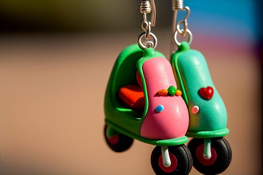 colourful funny toy earrings or key rings for children representing cute scooters with heart decoration made in Fimo, plastic, wood or polymer clay 