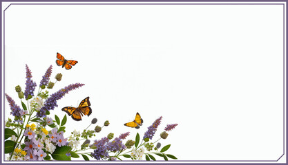 Beautiful desktop wallpaper/background with flowers and butterflies, empty white copy space for text or additional images, generative AI, digtal art